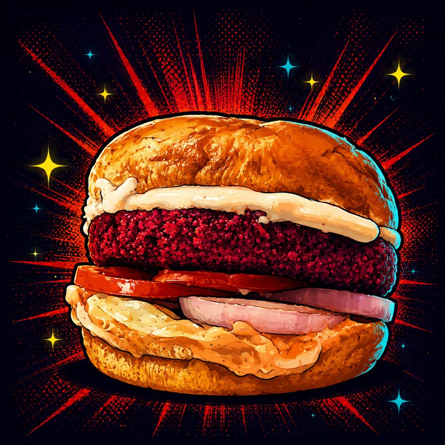 Illustration of the Beetroot Burger with a deep magenta patty