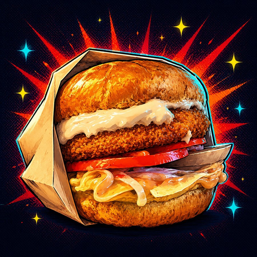 Illustration of a Burger Nation grilled burger in a paper wrap, showing the crispy patty, creamy sauce, tomato and onion