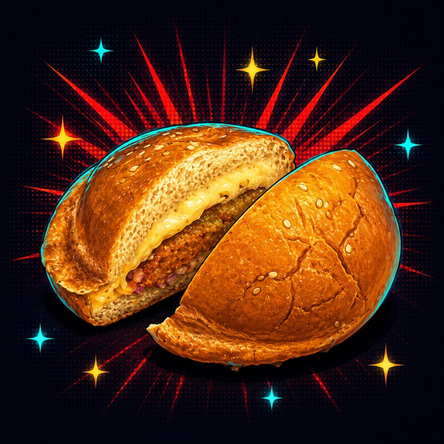 Illustration of the UFO Burger cut into two halves — one showing the sealed filling in cross-section, one showing the domed sesame top