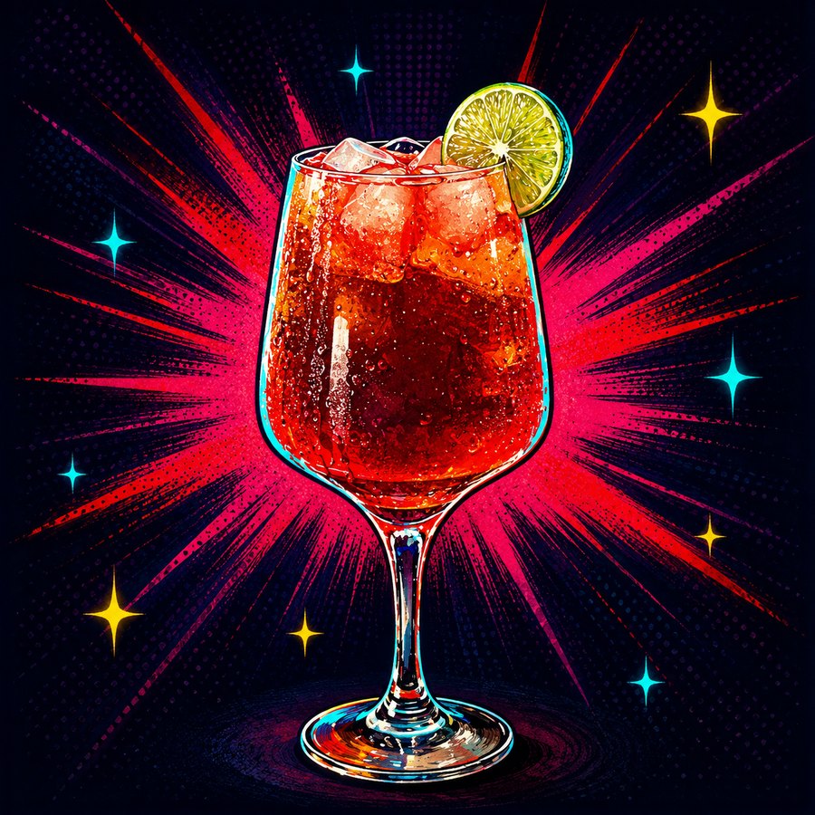 Illustration of a watermelon mojito over ice with a lime wheel
