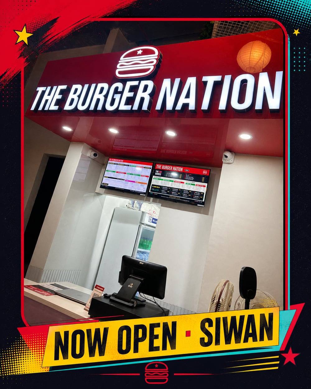 The Burger Nation's first outlet in Siwan, Bihar — the illuminated counter sign and menu boards.